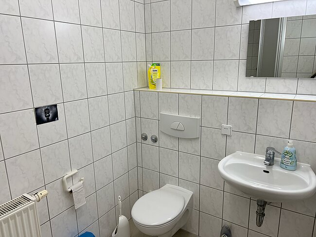 Kleines Bad mit weißem Waschbecken, Spülung und Seifenspender. Daneben ein weißes WC mit Bürste und Rollpapierhalter. An der Wand ein gelbes Reinigungspaket in einer Halterung. Fliesen in hellgrau-weißem Design.