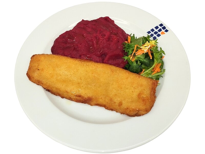 Ein Teller mit paniertem Fischfilet, einer Portion Rotkohl und einem kleinen Salat aus Karotten und Blattsalat.