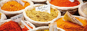 Bunte Gewürze in Schalen, darunter Kurkuma, Paprika und andere exotische Gewürze, sind auf einem Markt oder in einem Geschäft ausgestellt. Jede Schale ist mit einem Etikett versehen, das den Namen des Gewürzes angibt.