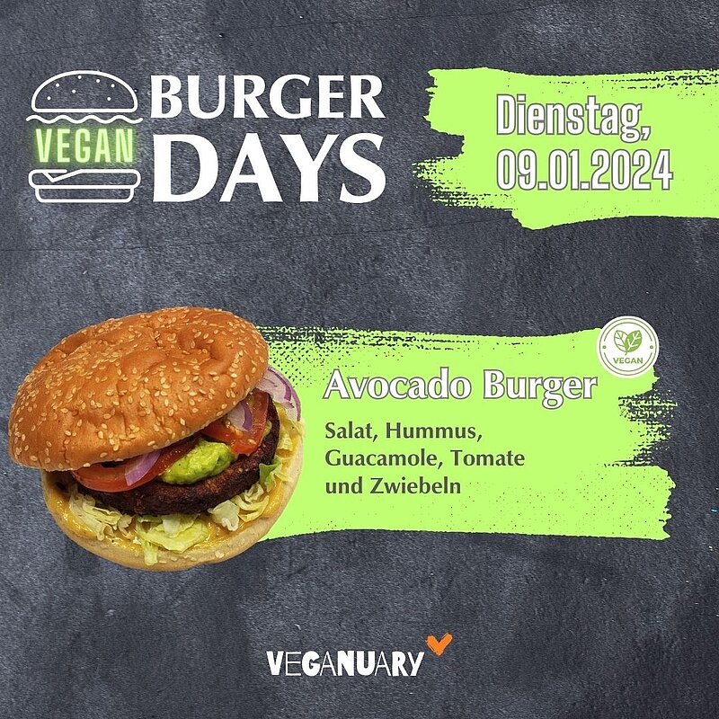 "Vegan Burger Days am 09.01.2024: Avocado Burger mit Salat, Hummus, Guacamole, Tomate und Zwiebeln. Teil des Veganuary."