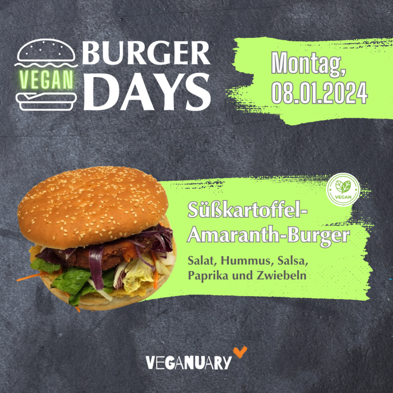 "Burger Days am 08.01.2024: Süßkartoffel-Amaranth-Burger mit Salat, Hummus, Salsa, Paprika und Zwiebeln. Vegan."