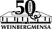 "Logo der Weinbergmensa: Ein Gebäude mit einem großen '50 Jahre'-Schriftzug, der mit einer Schleife verziert ist. Darunter steht der Name 'WEINBERGMENSA'. Das Logo feiert das 50-jährige Jubiläum der Weinbergmensa."