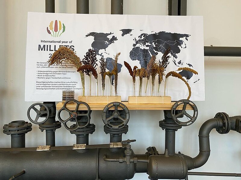 "Ein Poster zum 'Internationalen Jahr der Mühlen 2020' zeigt eine Weltkarte mit verschiedenen Getreidearten. Darunter sind mehrere schwarze Ventile und Rohre zu sehen. Das Poster betont die Bedeutung von Mühlen für die Ernährungssicherheit und nachhaltige Entwicklung."