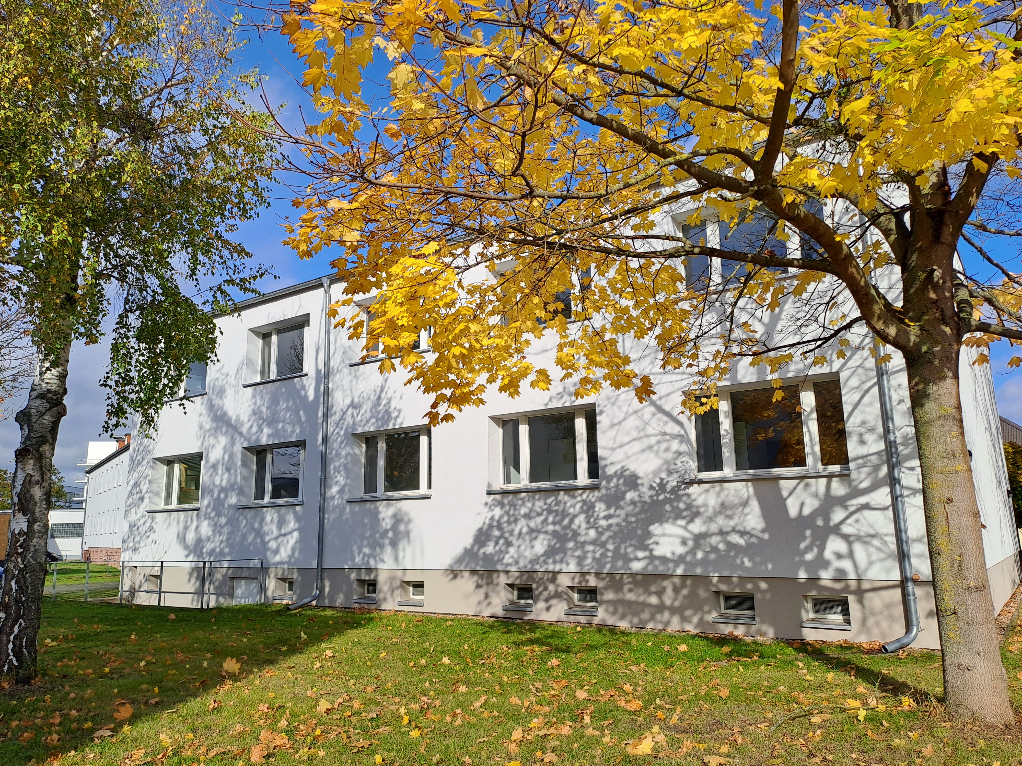 Ein weißes zweistöckiges Gebäude mit mehreren Fenstern, umgeben von Bäumen mit gelben Blättern im Herbst. Der Himmel ist blau und klar. Der Rasen vor dem Haus ist mit heruntergefallenen Blättern bedeckt.