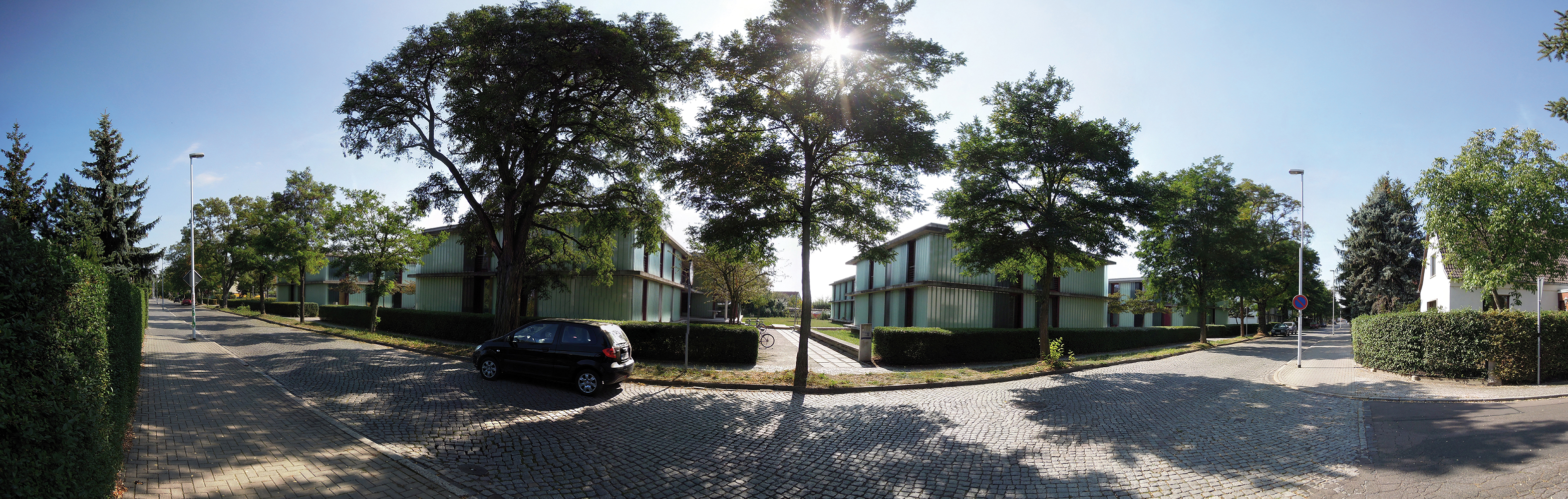 Ein sonniger Tag in einer Wohngegend mit gepflasterten Wegen, mehreren Häusern und parkenden Autos. Große Bäume spenden Schatten, und die Umgebung wirkt ruhig und gepflegt.