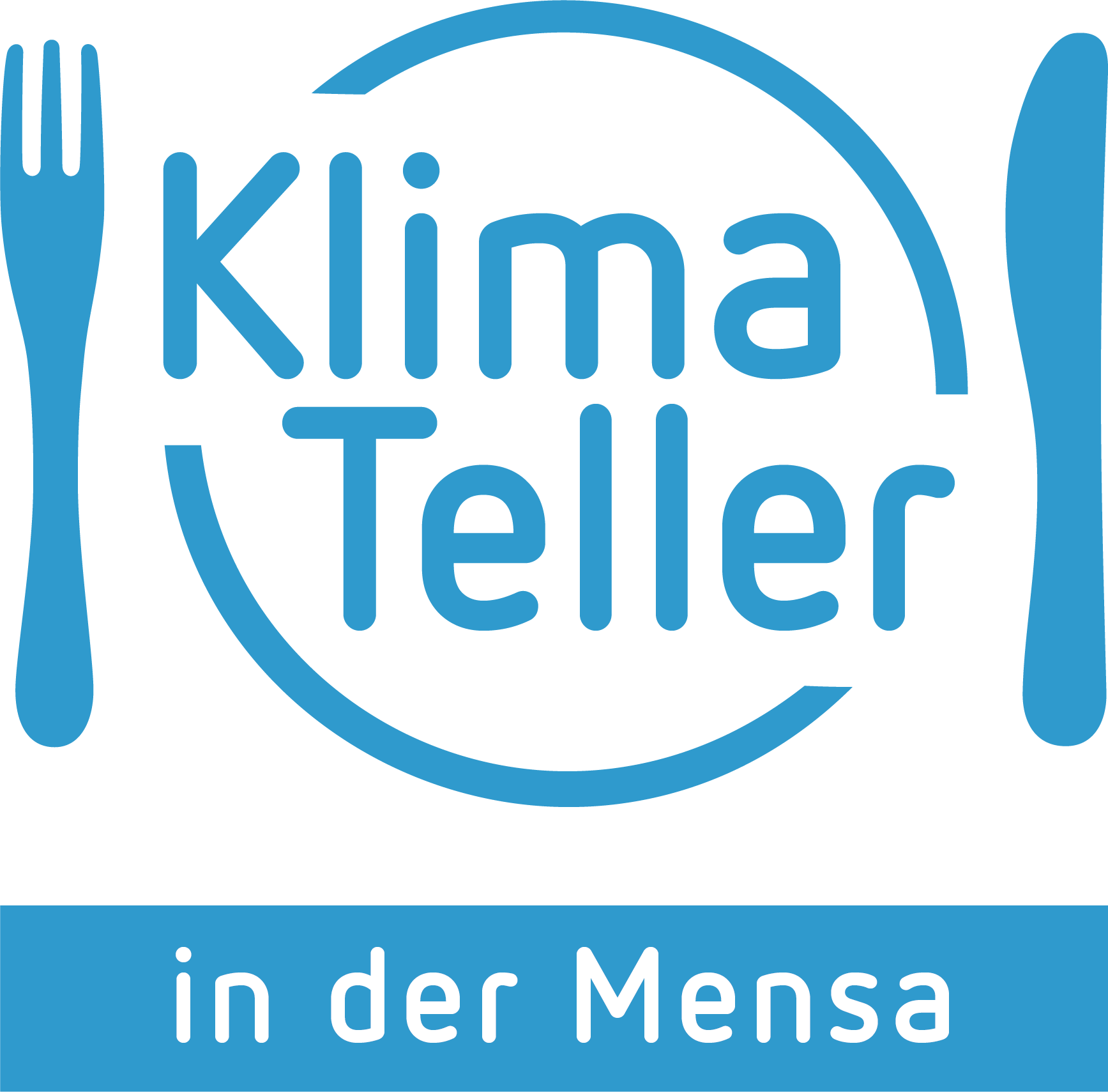 "KlimaTeller in der Mensa" - Ein Logo mit einer Gabel und einem Löffel, die einen Teller umrahmen. Der Text deutet darauf hin, dass klimafreundliche Mahlzeiten in der Mensa angeboten werden.