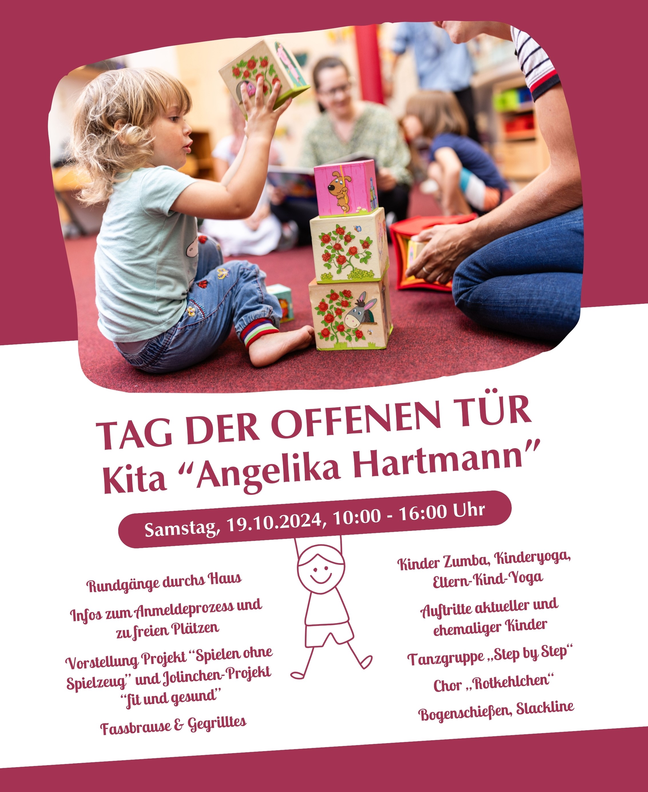 "Ein Kind spielt mit bunten Blöcken in einer Kita. Text: 'Tag der offenen Tür Kita Angelika Hartmann', Samstag, 19.10.2024, 10:00 - 16:00 Uhr. Aktivitäten wie Kinder-Yoga, Tanzgruppe und Basteln werden angeboten. Einladung zu Führungen und Spielen ohne Bildschirm."