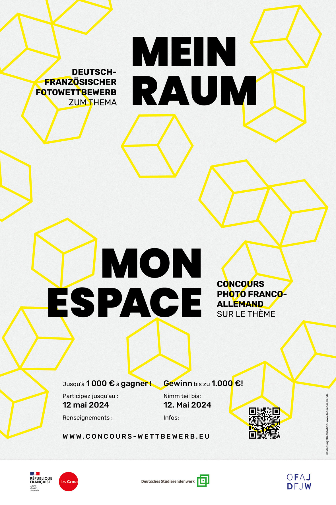 "Mein Raum / Mon Espace" ist ein deutsch-französischer Fotowettbewerb zum Thema "Zuhause". Teilnehmer können bis zum 12. Mai 2024 einsenden. Es gibt 1000 Euro zu gewinnen. Weitere Informationen unter www.concours-wettbewerb.eu. Veranstaltet von OFAJ und DFJW.
