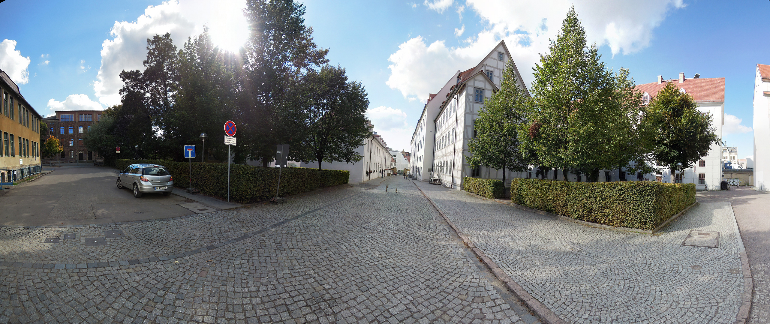 Eine ruhige, gepflasterte Straße mit Gebäuden auf beiden Seiten. Auf der linken Seite stehen einige Autos und ein Schild. Die Straße ist von Bäumen und Sträuchern gesäumt, und die Sonne scheint hell am Himmel. Es ist ein friedliches, ländliches Umfeld.