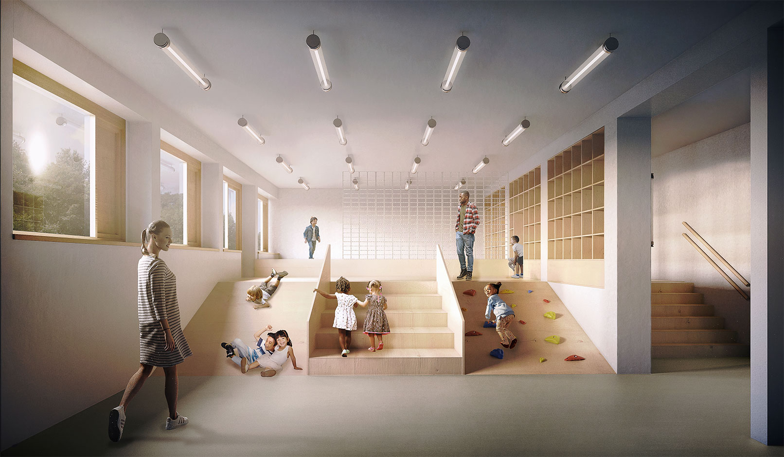 Ein helles, modernes Treppenhaus mit mehreren Kindern, die die Stufen hinauf- und hinablaufen oder spielen. Die Wände sind weiß, die Decke hat mehrere längliche Lampen. Große Fenster lassen Tageslicht herein. Die Atmosphäre wirkt freundlich und einladend.